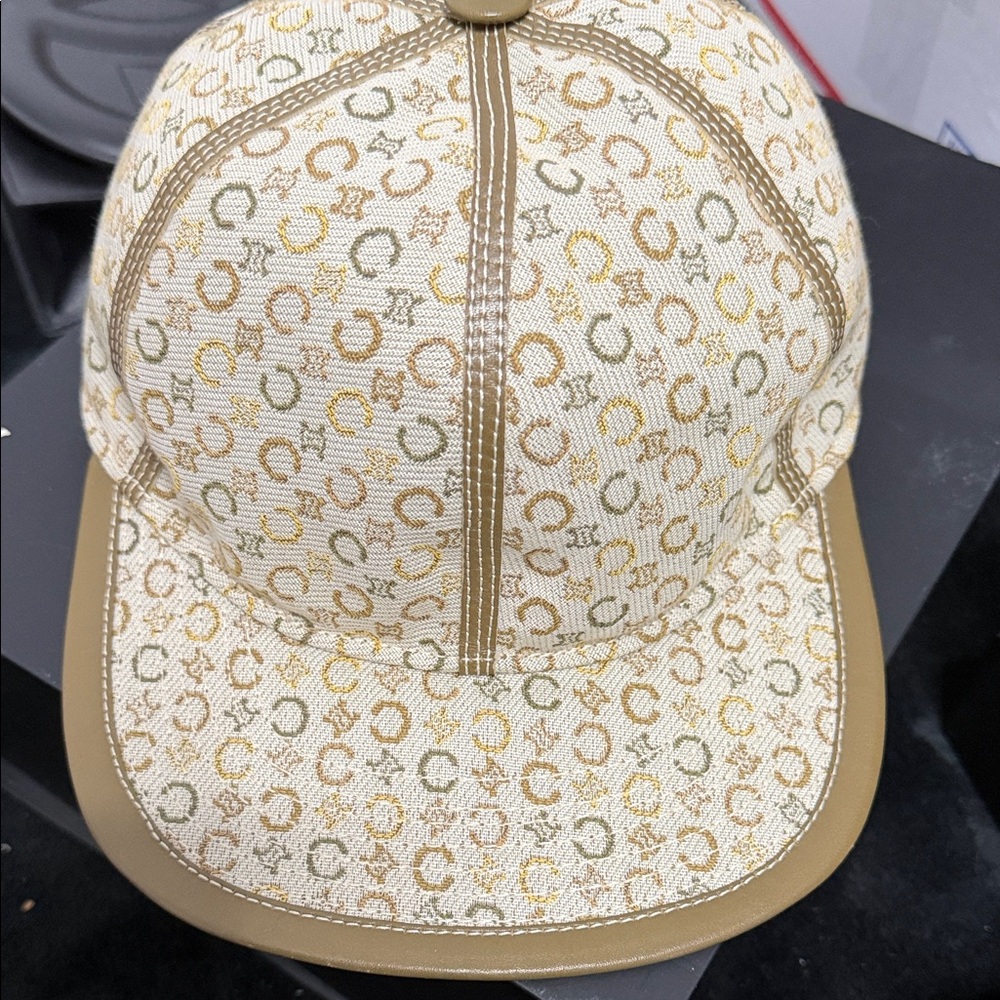 🛒Celine Beige Monogram Cap Brown Trim cap is stiff possibly washed still GUC
